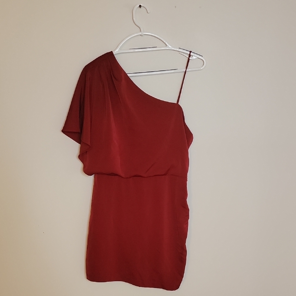 TCEC Red One-Shoulder Flutter Sleeve Cocktail Dress